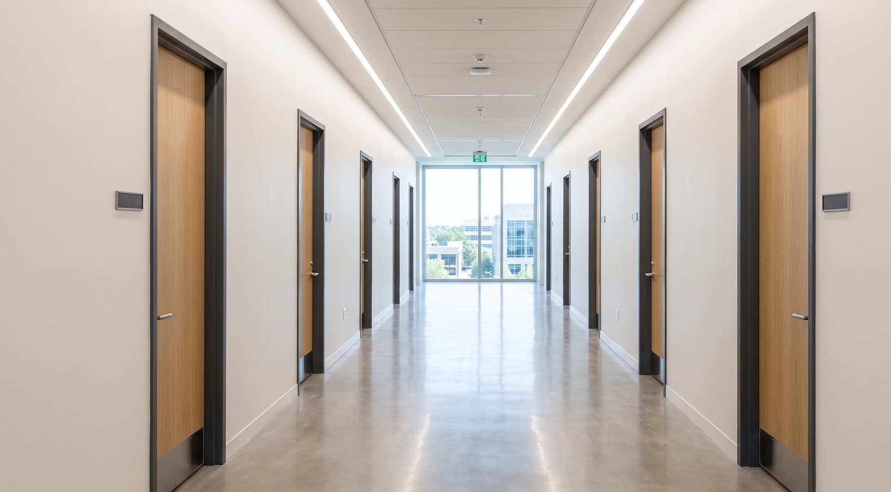 Commercial corridor lined with flush doors in hollow metal frames